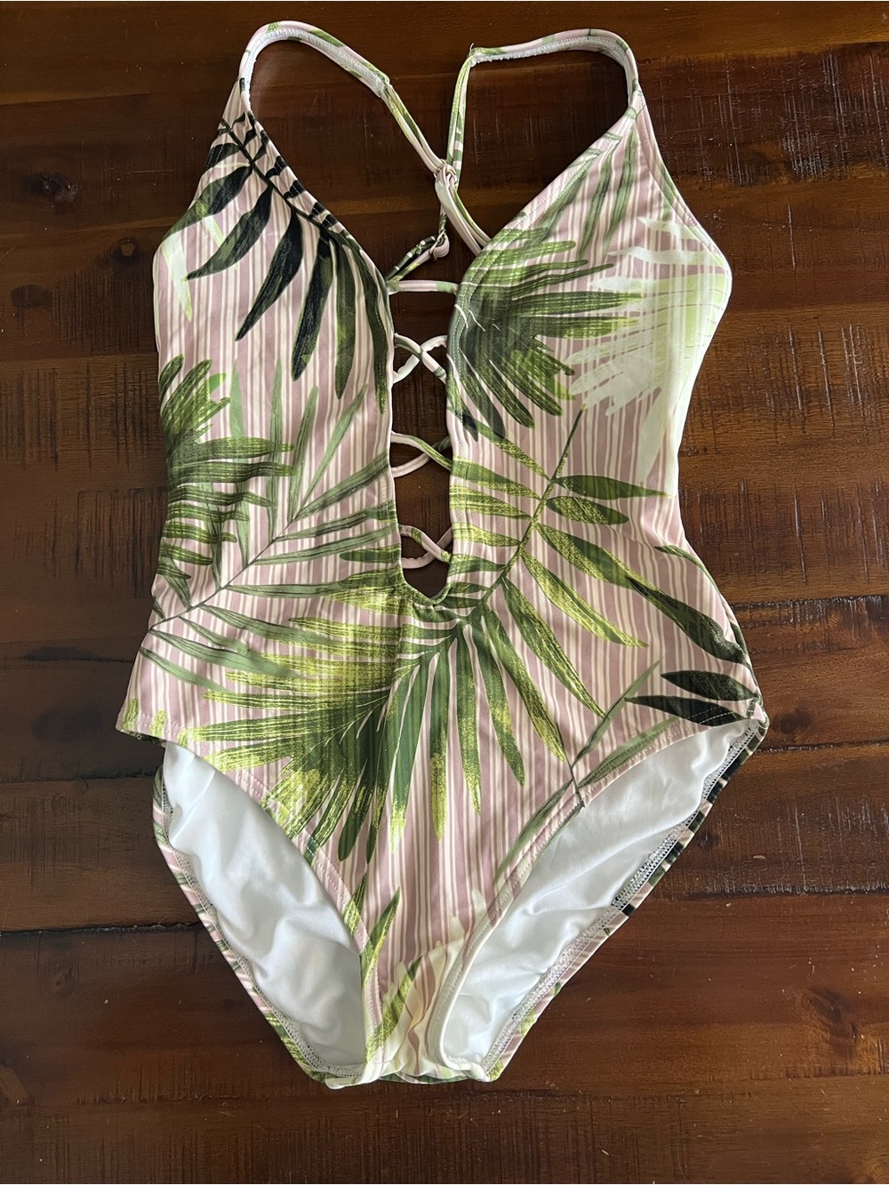 Vince Camuto Pink One-Piece Swimsuit with Green Tropical Leaf Print
